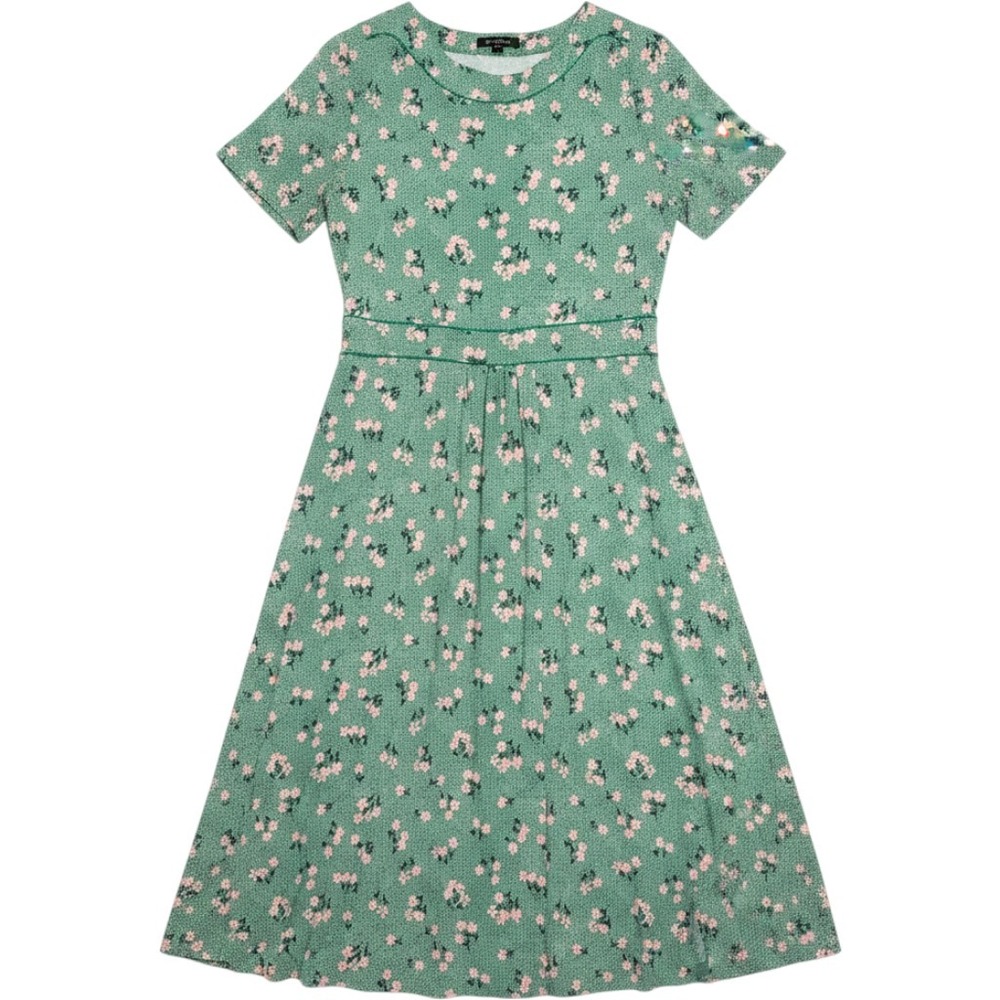 Boden Green Pink Floral Polka Dot Midi Dress Short Sleeve Viscose US 12R